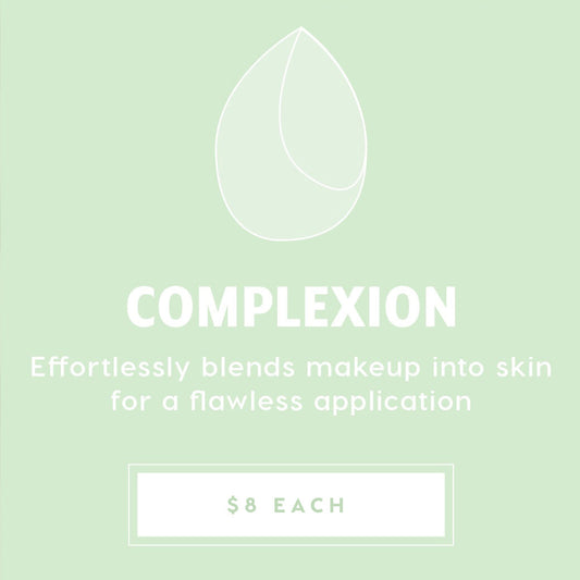 Complexion Blending Sponge blending foundation and concealer to a flawless finish, showcased on a mint-green promo card with a teardrop sponge line icon and $8 each price, part of ColourPop Makeup Tools & Accessories.