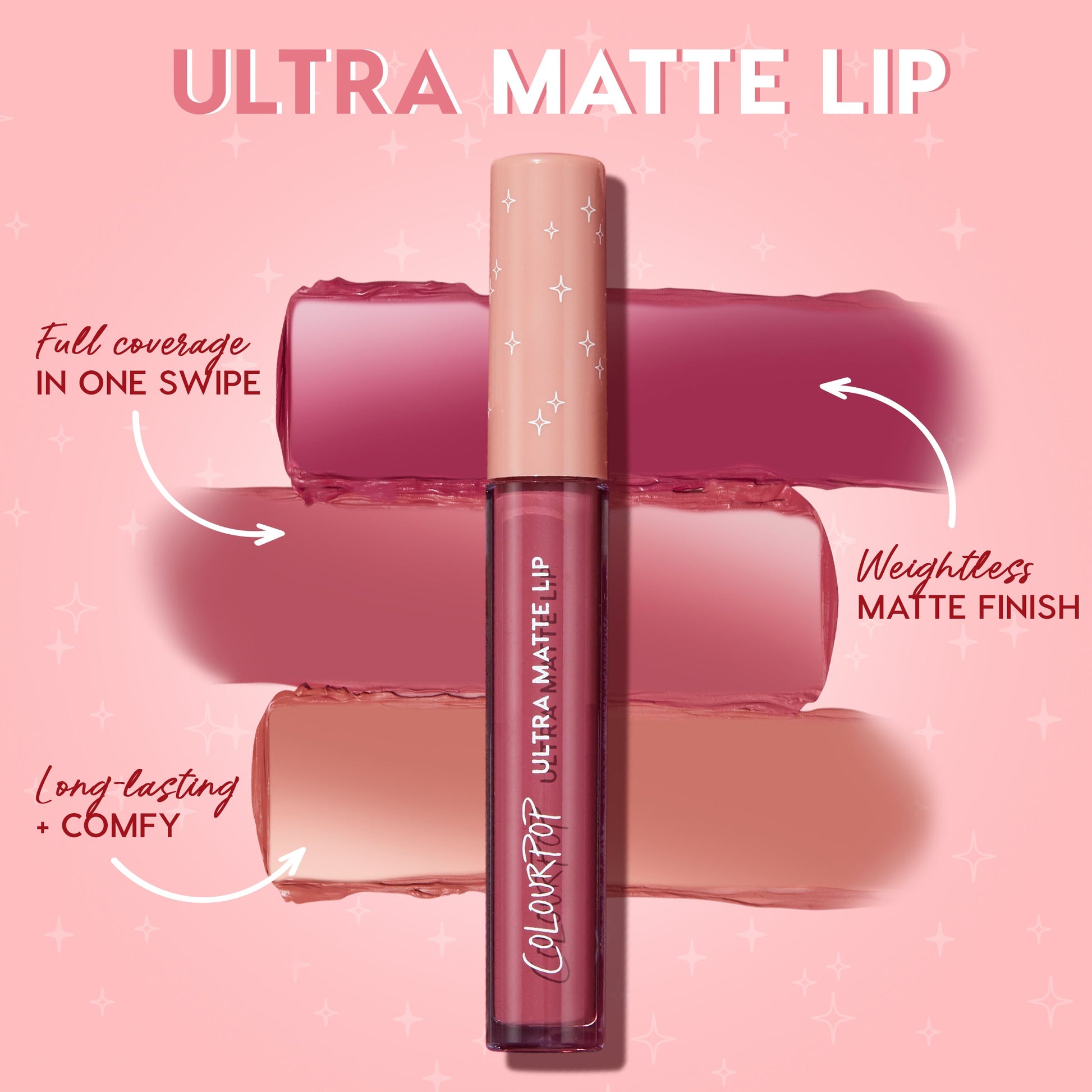 ColourPop Ultra Matte Lip in Clock Out stands upright against a pink backdrop, with rosy and nude swatches illustrating full-coverage, weightless matte, long-lasting wear; clear tube and blush cap showcase the deep rose-mauve liquid lipstick.