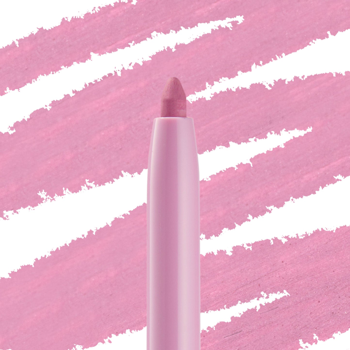 ColourPop Crème Gel Liner in Amethyst Hour stands upright, its rounded tip exposed in a pastel pink barrel, set against bold diagonal swatches of the soft amethyst‑lilac shade.