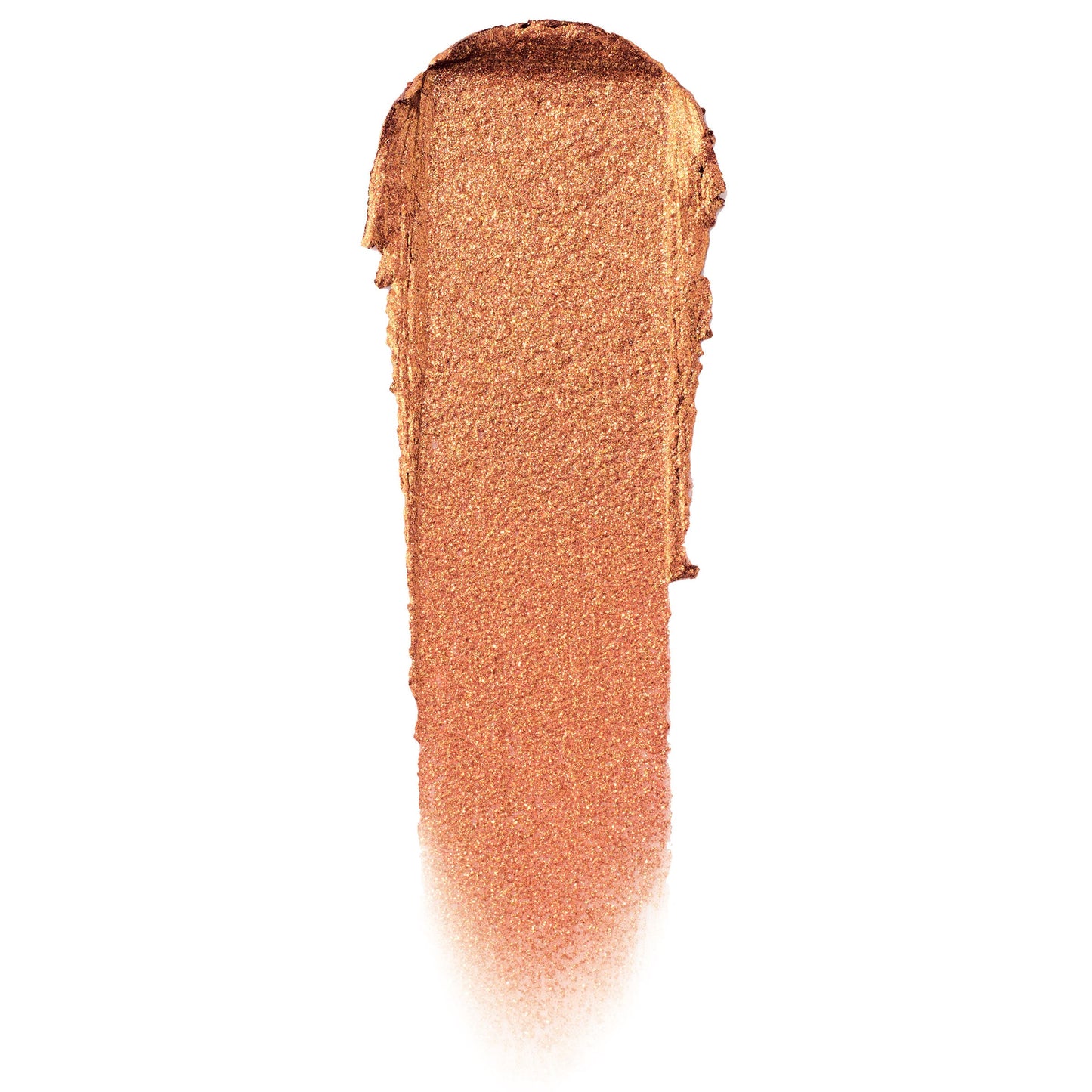 Brentwood ColourPop Jelly Much Shadow swatch, a metallic copper-bronze gel eyeshadow smear with gold shimmer, fanned to a soft fade on a white background, showcasing the Jelly Much Shadow texture and reflective finish.