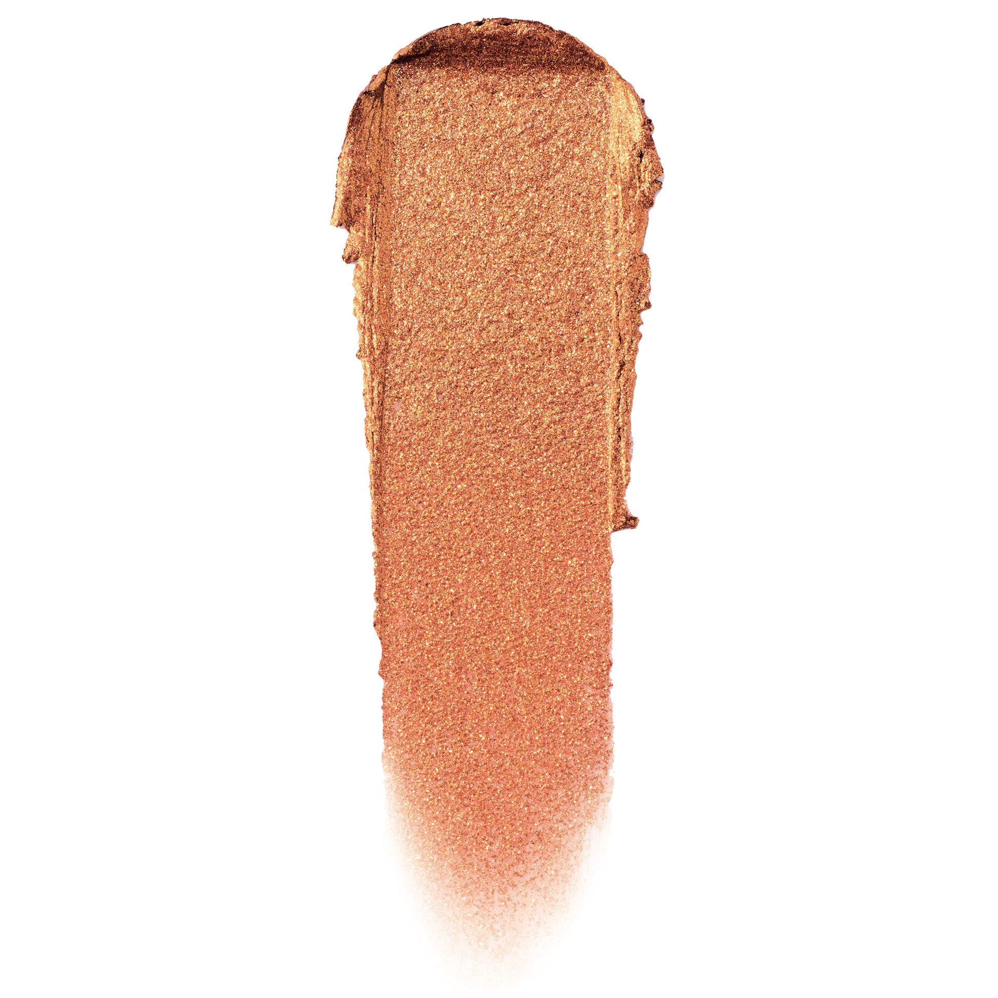 Brentwood ColourPop Jelly Much Shadow swatch, a metallic copper-bronze gel eyeshadow smear with gold shimmer, fanned to a soft fade on a white background, showcasing the Jelly Much Shadow texture and reflective finish.