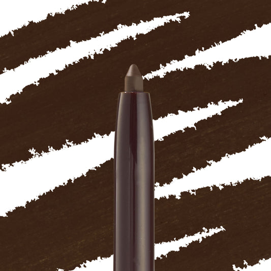 ColourPop Crème Gel Liner in Brew Haha, a deep coffee-brown shade, shown with a twist-up tip in close-up against bold brown swatch strokes on white, highlighting the creamy gel tip and precise pencil format.