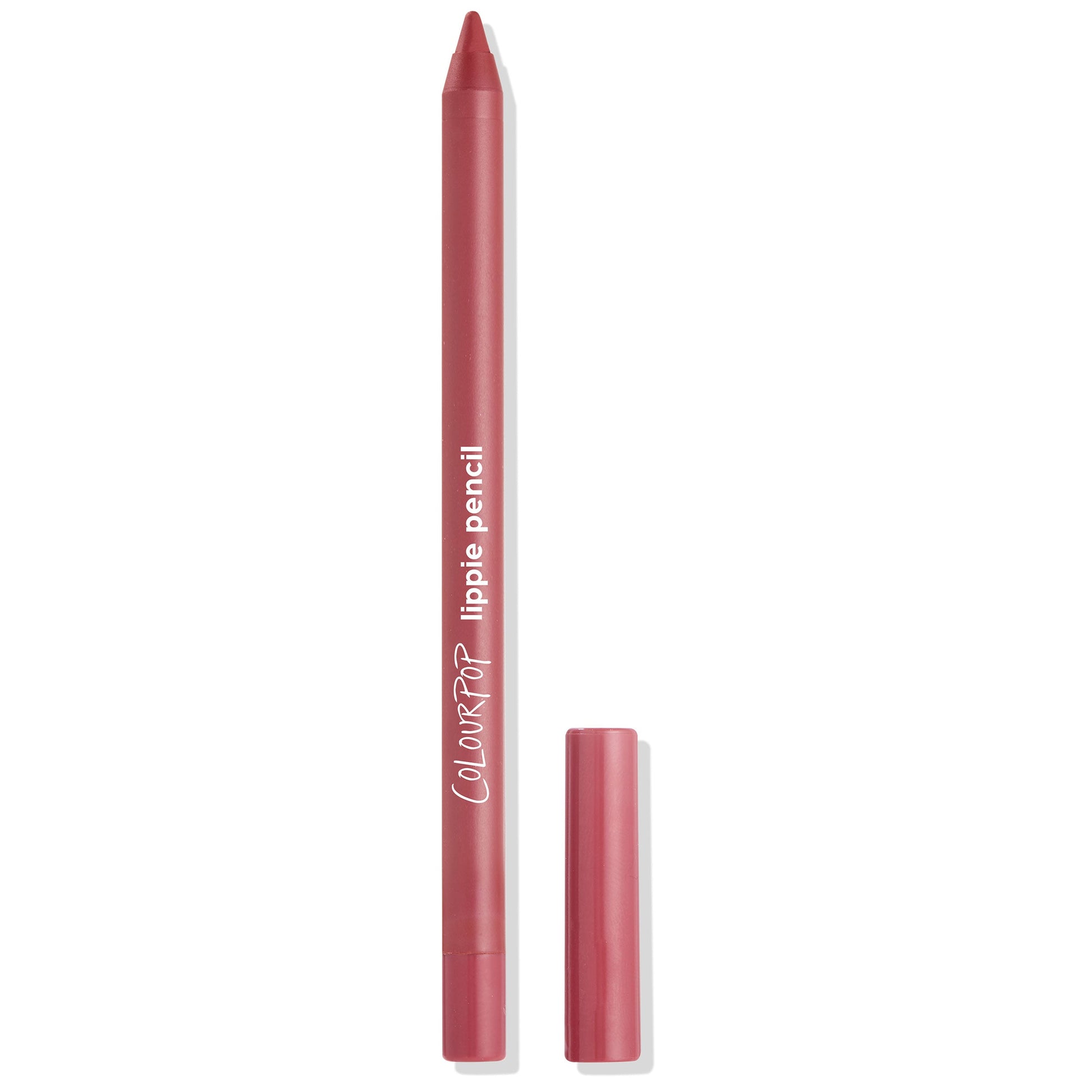 Bumble ColourPop Lippie Pencil lying uncapped with a sharpened rosy‑mauve tip, cap set beside it on a white background, highlighting the slim lip liner design and brand logo for precise lip lining in the Bumble shade.
