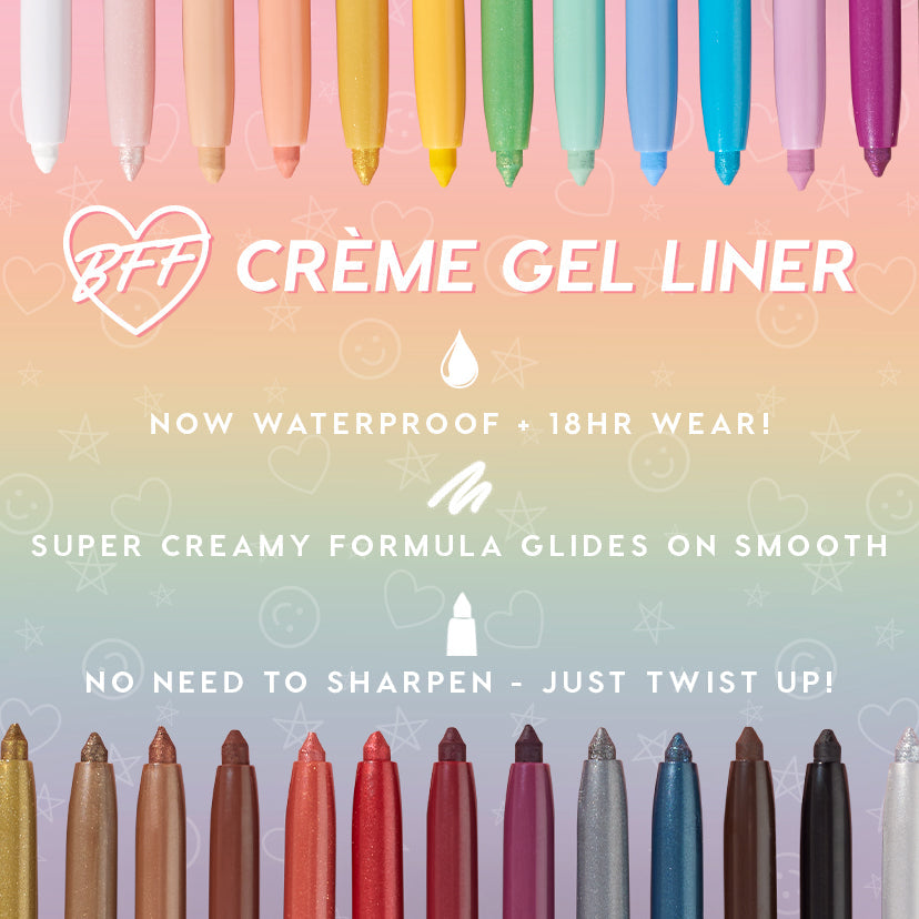Charmer ColourPop Crème Gel Liner showcased twisting up - a creamy, waterproof eyeliner promising 18-hour wear - set among rainbow pencils on a pastel background, highlighting smooth glide and no-sharpen design for long-lasting eye looks.