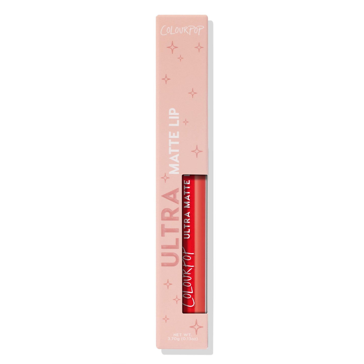 ColourPop Ultra Matte Lip in Clock Out stands upright in a blush-pink box with star accents, revealing a coral-red liquid lipstick tube through a cutout window; 3.7g/0.13oz on a white studio background.
