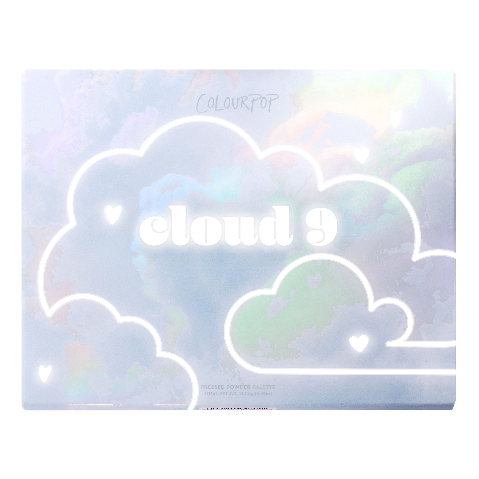 Cloud 9 ColourPop Shadow Palette sits closed, showing a holographic pastel sky design with white outlined clouds, tiny heart icons, and bold 'cloud 9' lettering on the lid, a rectangular pressed powder eyeshadow palette on a white backdrop.
