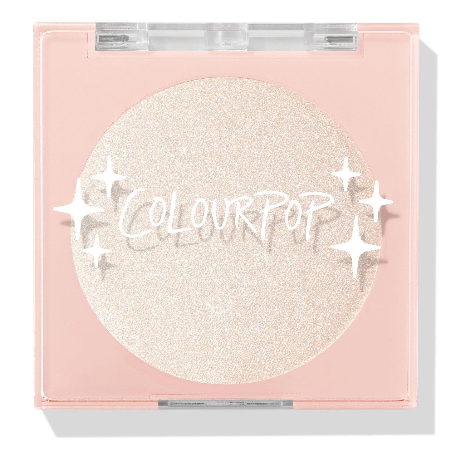 Cold One highlighter compact showcasing a shimmering icy pearl pan behind a clear lid with white sparkle icons and ColourPop logo, closed in a blush‑pink square case on a white background; ColourPop Pressed Powder Highlighter.