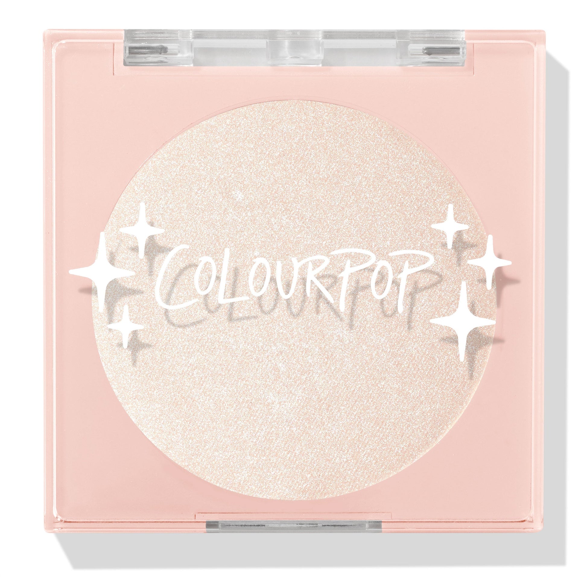 Cold One highlighter compact showcasing a shimmering icy pearl pan behind a clear lid with white sparkle icons and ColourPop logo, closed in a blush‑pink square case on a white background; ColourPop Pressed Powder Highlighter.