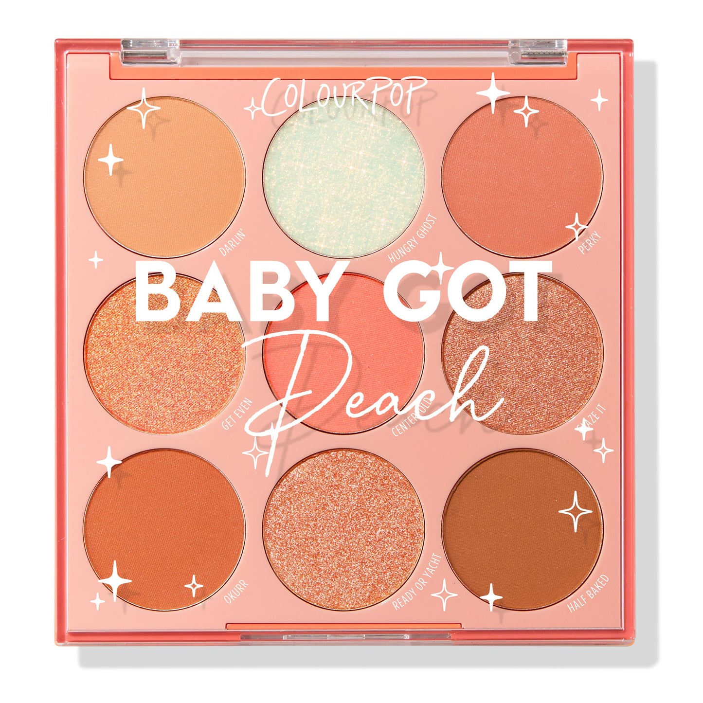 Baby Got Peach ColourPop Shadow Palette showcasing nine warm-toned pans - peach, coral, copper, champagne, terracotta, and a mint sparkle - in matte and shimmer finishes, arranged 3x3 in a peach compact with clear lid for soft glam eye looks.