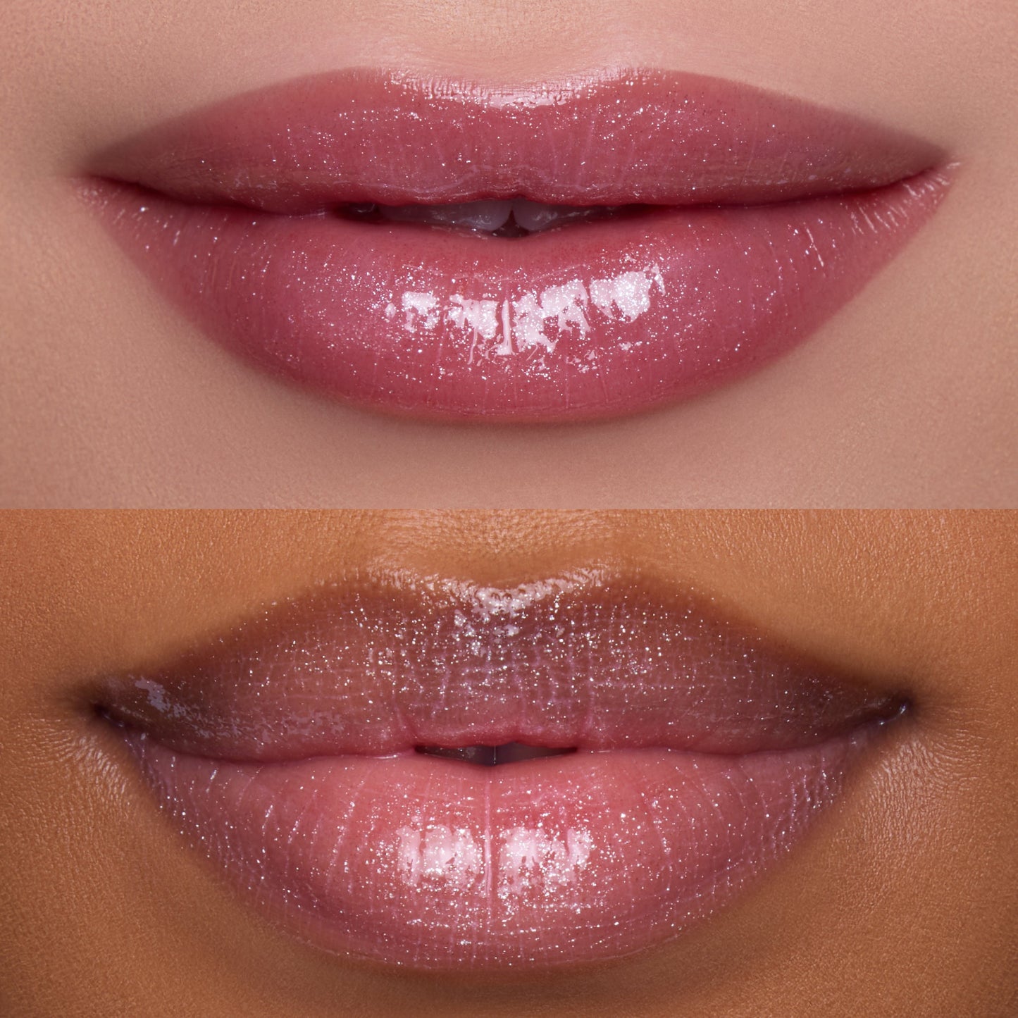 Close-up split screen of two models’ glossy pink lips wearing Heart to Get 2 Good 4 U Blush + UGL Set, showing shimmery, high-shine finish and color payoff on different skin tones against a neutral background.