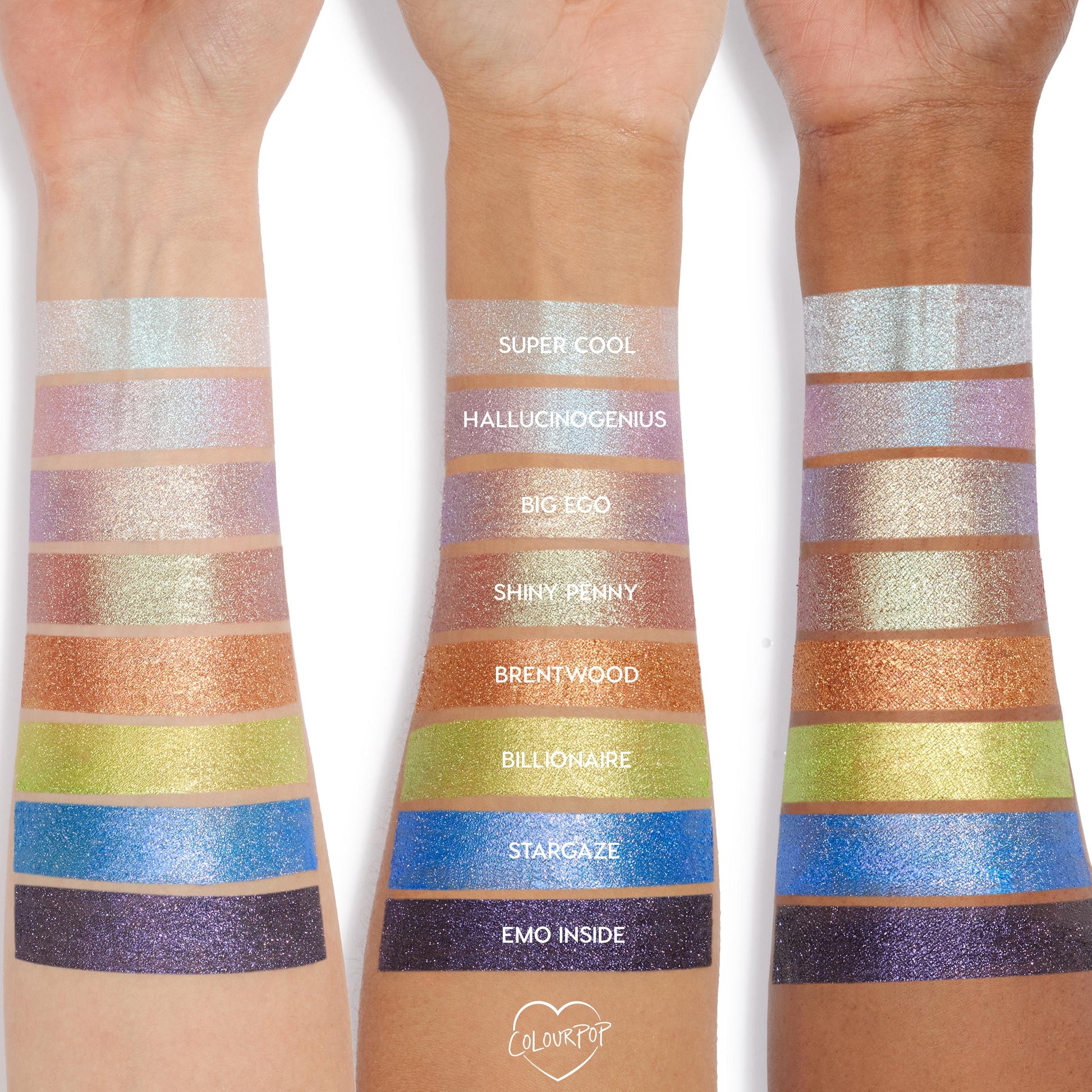 ColourPop Close To You Jelly Much Shadow swatched on three forearms, shown alongside shades Super Cool, Hallucinogenius, Big Ego, Shiny Penny, Brentwood, Billionaire, Stargaze, and Emo Inside; metallic, high-shine stripes from icy silver to deep violet.