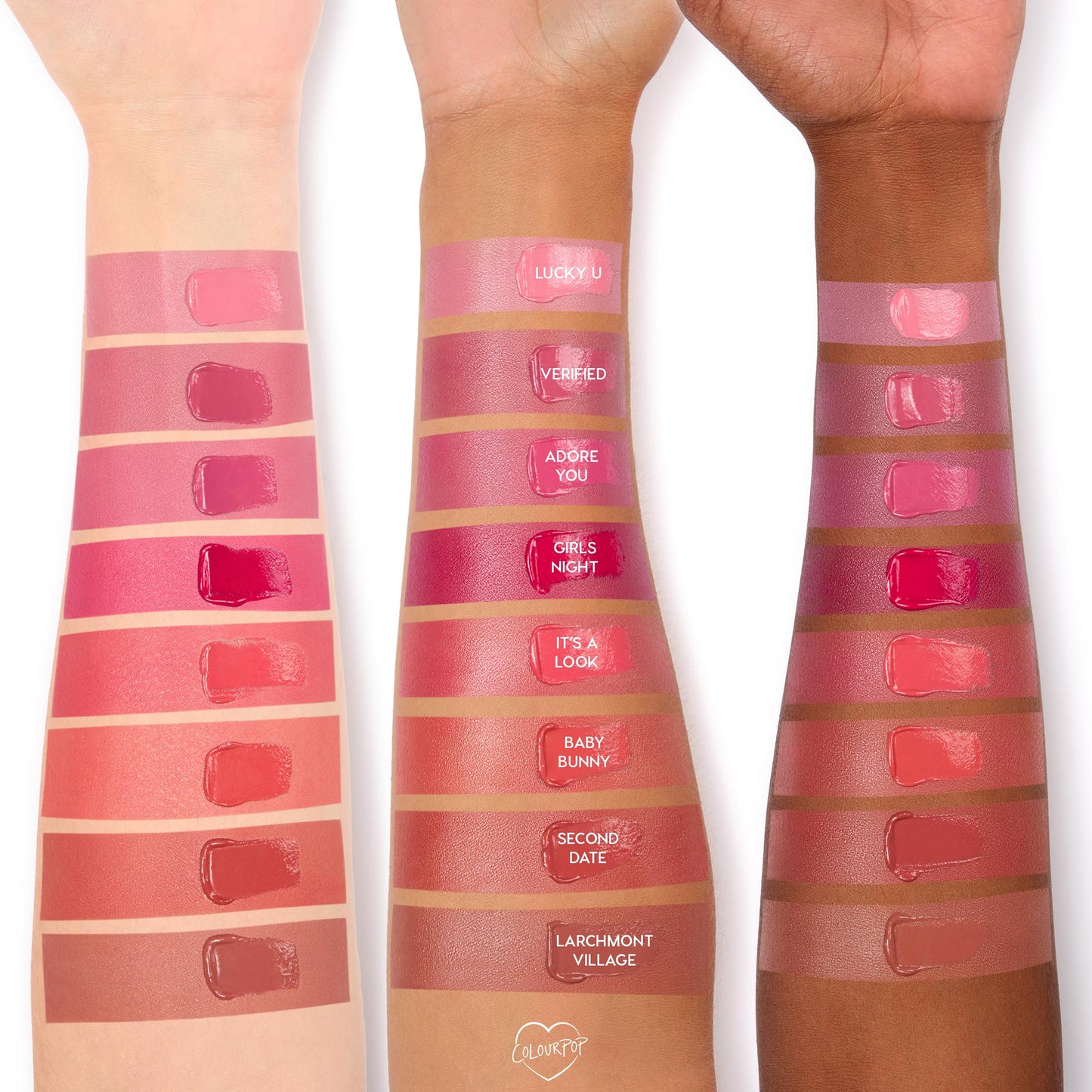 ColourPop Baby Bunny Lip and Cheek Balm swatch, a glossy warm pink, shown on three arms across light, medium, and deep skin tones alongside labeled shades for comparison, highlighting creamy dewy finish and buildable color.
