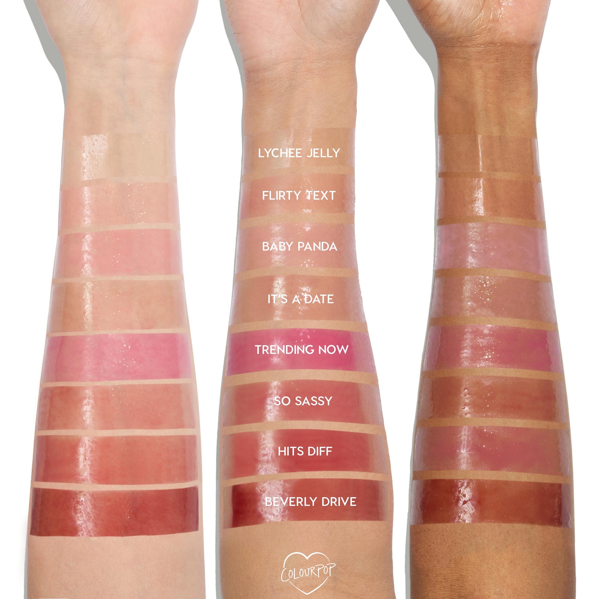 ColourPop So Juicy Plumping Glossy Lip Oil in Beverly Drive swatched on three arms from fair to deep skin tones; bottom swatch on each arm shows a warm rosy-brown tint with high-shine, plumping finish for comparison across complexions.