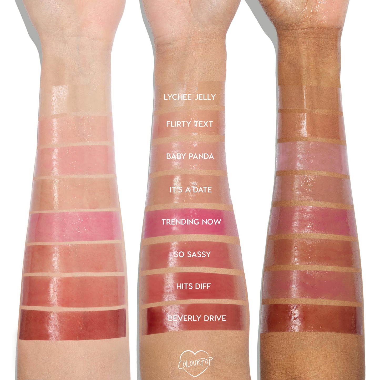 Baby Panda swatch - ColourPop So Juicy Plumping Glossy Lip Oil - gleams as a sheer pink strip, third from top, across three arms in light, medium, and deep tones, shown with other shade swatches to compare high-shine plumping finish.
