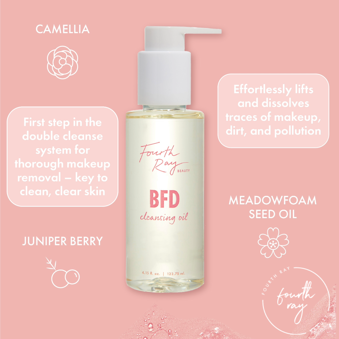 BFD Oil Cleanser by Fourth Ray Beauty pump-top bottle stands centered, formulated to lift makeup, dirt, and pollution as the first step in a double cleanse; camellia, meadowfoam seed oil, and juniper berry; ColourPop face cleanser, 4.15 fl oz.