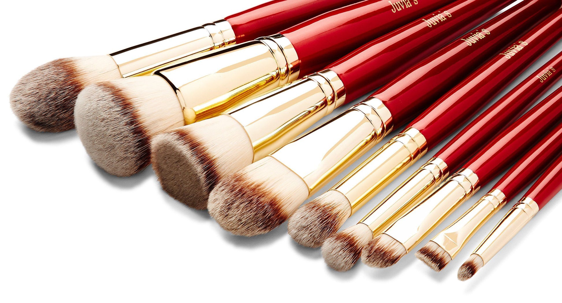 Foundation Brush, Flat Top Brush, Round Top Brush, Tapered Brush, Big Blending Brush, Flat Shader Brush, Blending Brush, Precision Pointy Brush, Flat Brow Brush, on their sides